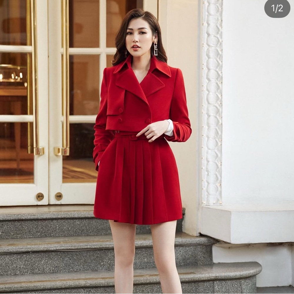 Elegant Red Pleated Coat Dress Lanejt